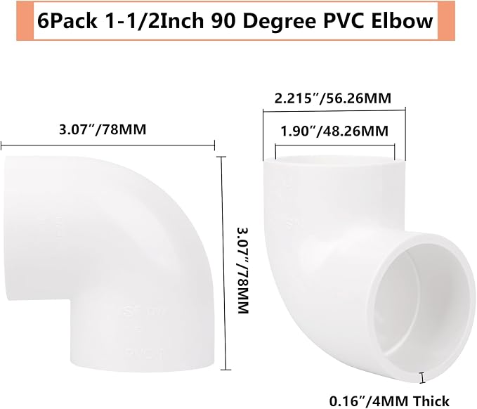 6Pack 1-1/2" 90 Degree Elbow PVC Pipe Fittings 2 Way Right Angle PVC Pipe - Image 2