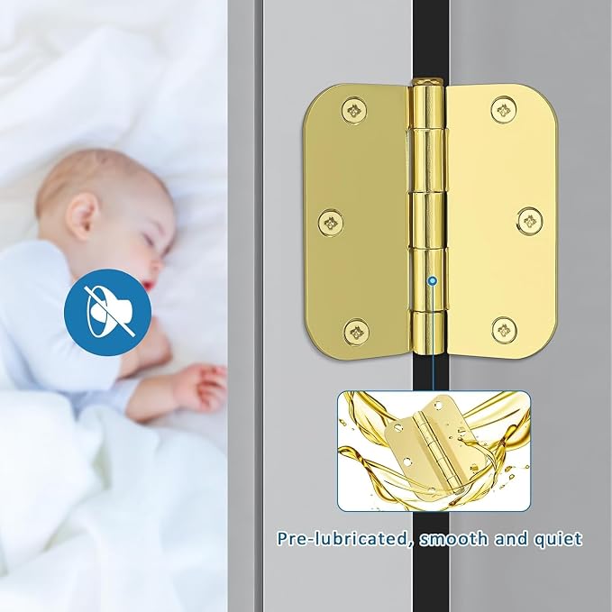 KNOBWELL 3.5 Inch Brass Door Hinges, 6 Pack | 3.5" x 3.5" Size, 5/8" Radius - Image 2