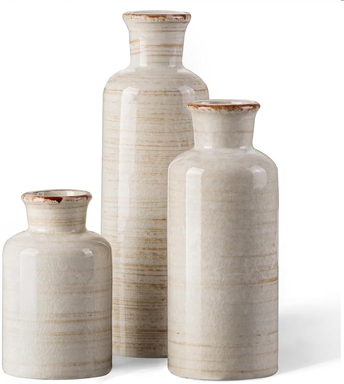 White Rustic Ceramic Vase Set of 3, Farmhouse Vase by HappleCwlwgoHome