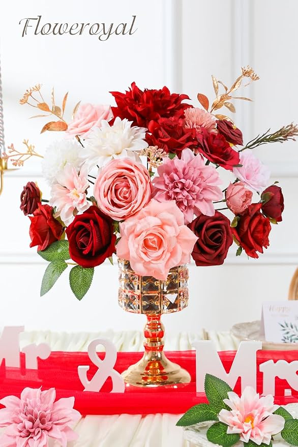 Artificial Flowers Combo Red Flowers Mix Silk Flowers Dahlia Roses - Image 3