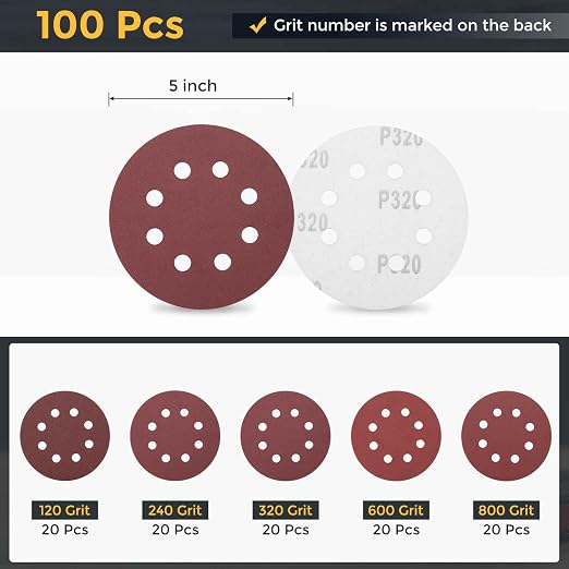 HARFINGTON 100Pcs 5Inch Sanding Disc 8 Hole Hook and Loop Sandpaper Red | - Image 2