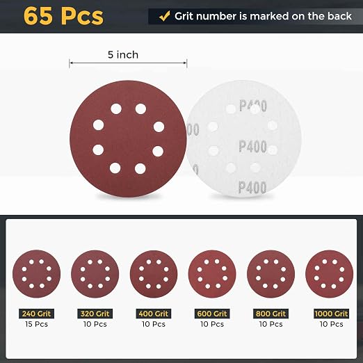 HARFINGTON 65Pcs 5Inch Sanding Disc 8 Hole Hook and Loop Sandpaper Red | - Image 2