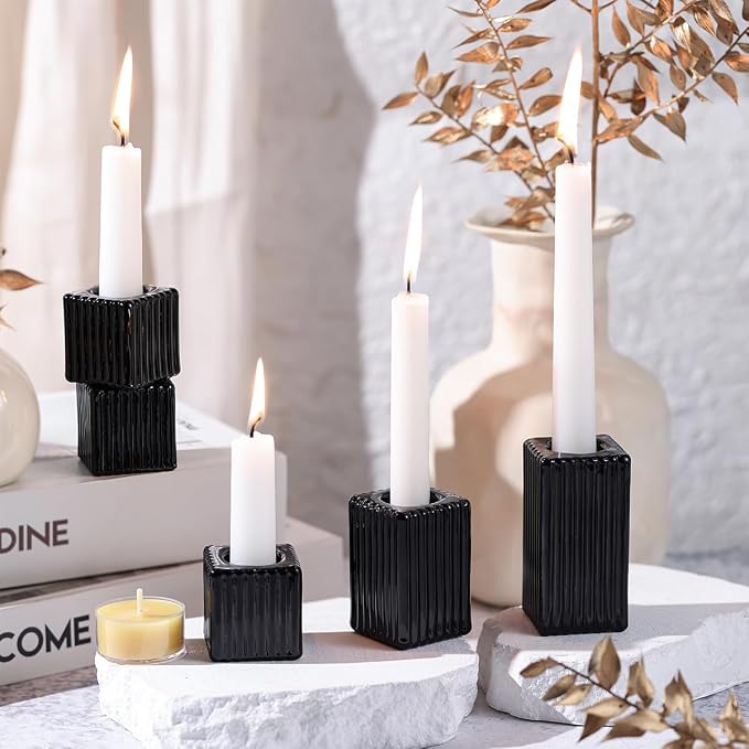LETINE 12pcs Black Vertical Stripe Glass Candlestick Holders - Image 4