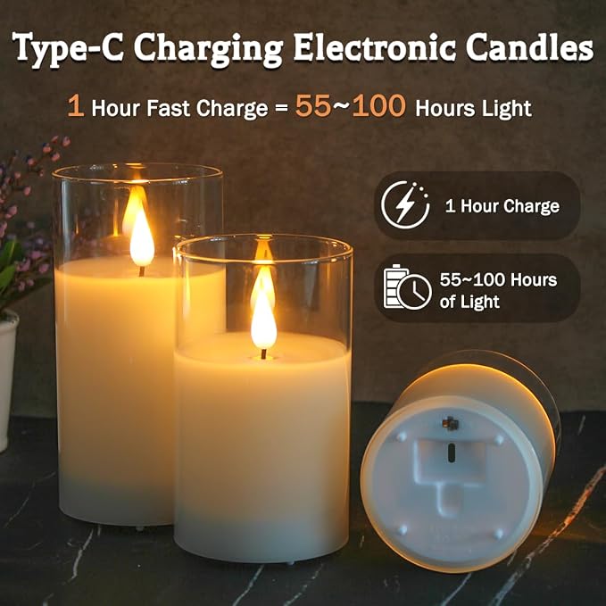 Glass Rechargeable LED Flickering Flameless Candles - Image 3