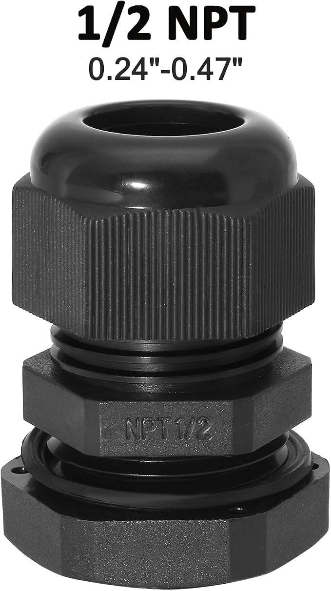 Bonsicoky 1/2" NPT Nylon Cable Glands, Adjustable Cord Grip, Strain Relief - Image 2