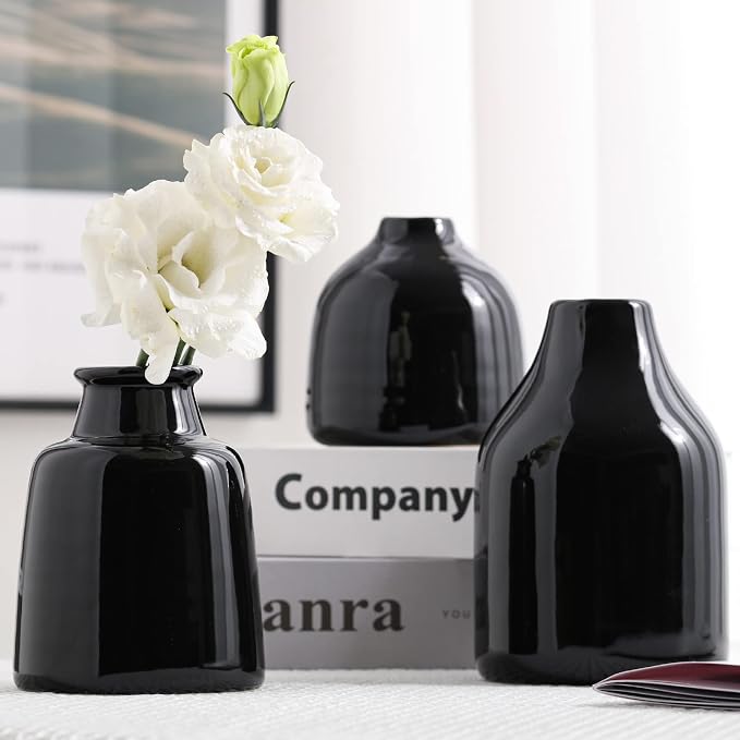 Black Small Vase Set of 3 for Modern Home Decor, Ceramic Vases for Centerpieces by hjn
