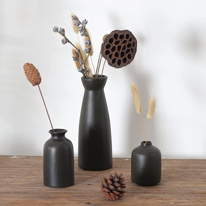 CEMABT Black Ceramic vase Set-3 Small Flower vases - Image 7