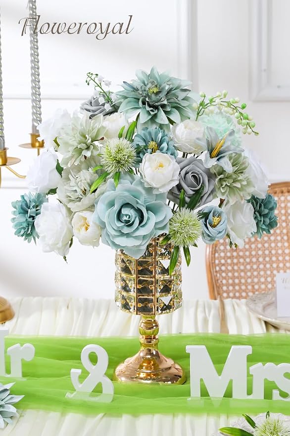 Artificial Flowers Combo Teal Blue Flowers Mix Silk Flowers Dahlia Roses - Image 3