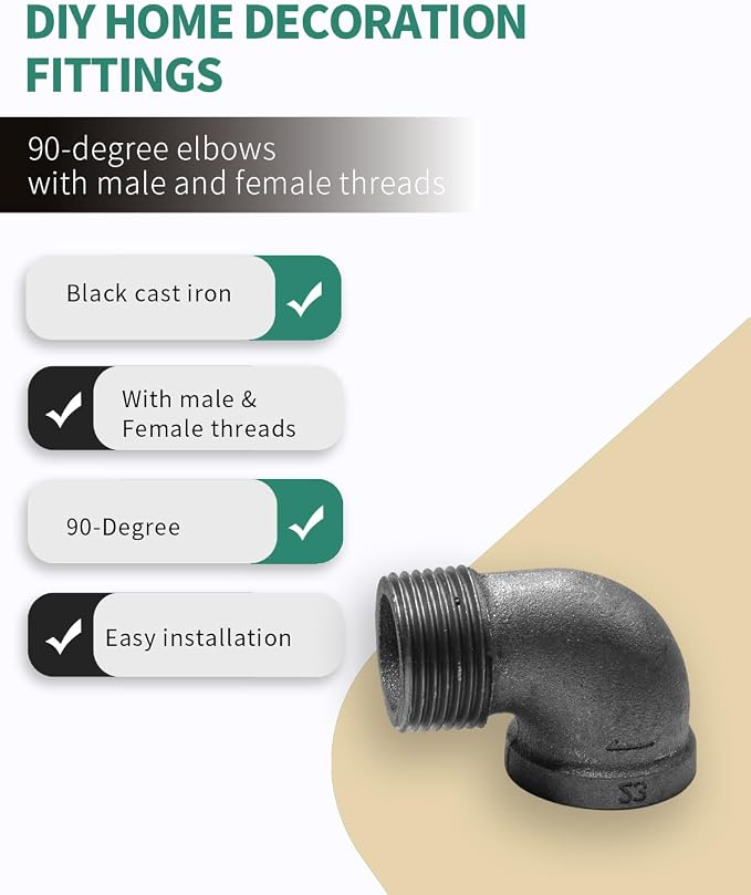 Black Cast Iron 90 Degree Elbow, Female to Male Pipe Fitting, 1/2 Inch Size - Image 4