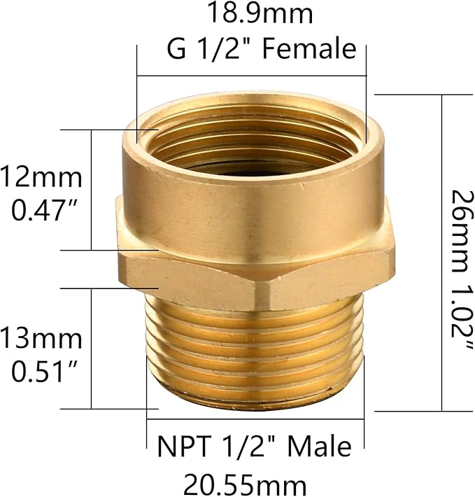 Brass Pipe Fittings Connector G 1/2 Female Thread to US 1/2 NPT Male Thread - Image 2