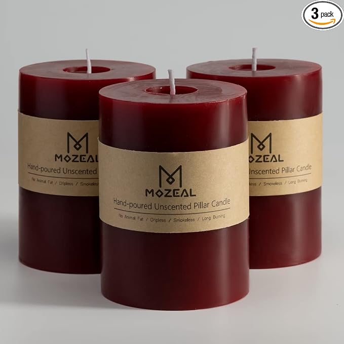 MOZEAL 3" x 4" Hand-Poured Unscented Candle, Dripless Pillar Candle Set of 3 by MOZEAL