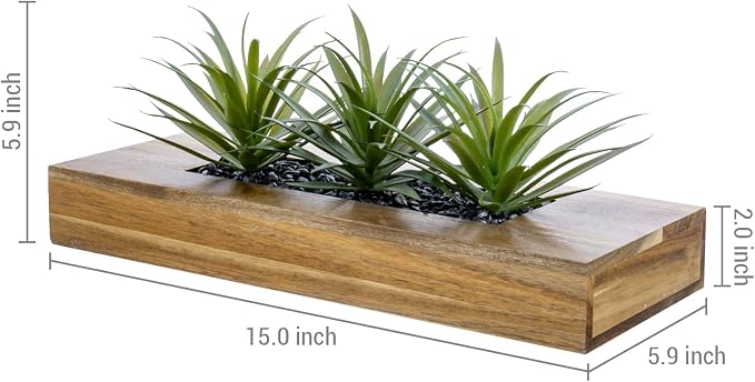 MyGift 15 Inch Artificial Green Grass Plant Acacia Wood Planter | Realistic - Image 5