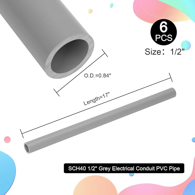 6Pcs 1/2 Inch Grey Electrical Conduit PVC Pipe 17" Long Sch40 PVC Rigid Tube - Image 3