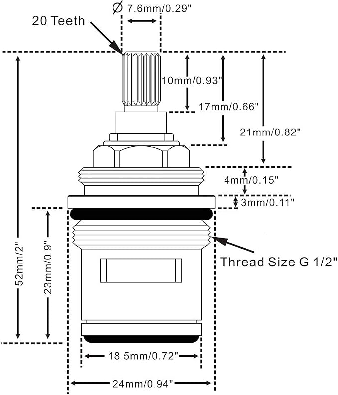 Brass Ceramic Disc Cartridge, Quarter Turn, 20 Teeth, Mixer Faucet Valve - Image 2