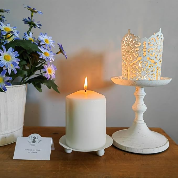 Hosley Set of 2 Whitewashed Iron Pillar Candle Holder Plates – 4-Inch - Image 5