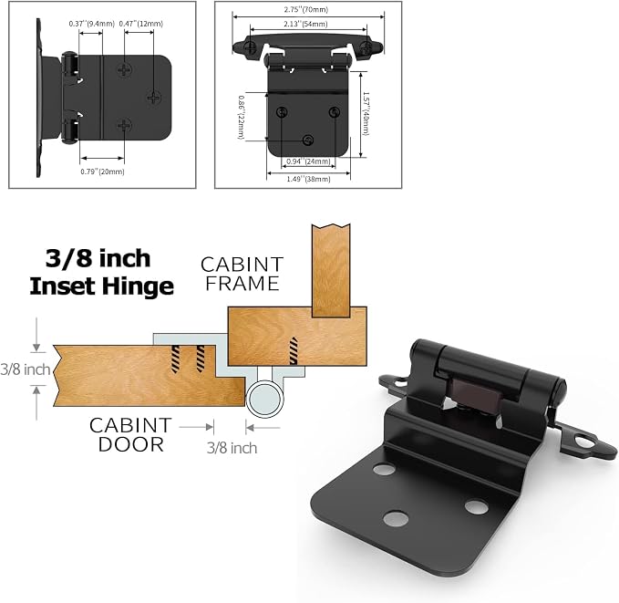 3/8 Inch Inset Cabinet Hinges, 25 Pairs Self Closing Flush Face Mount Hinges - Image 4