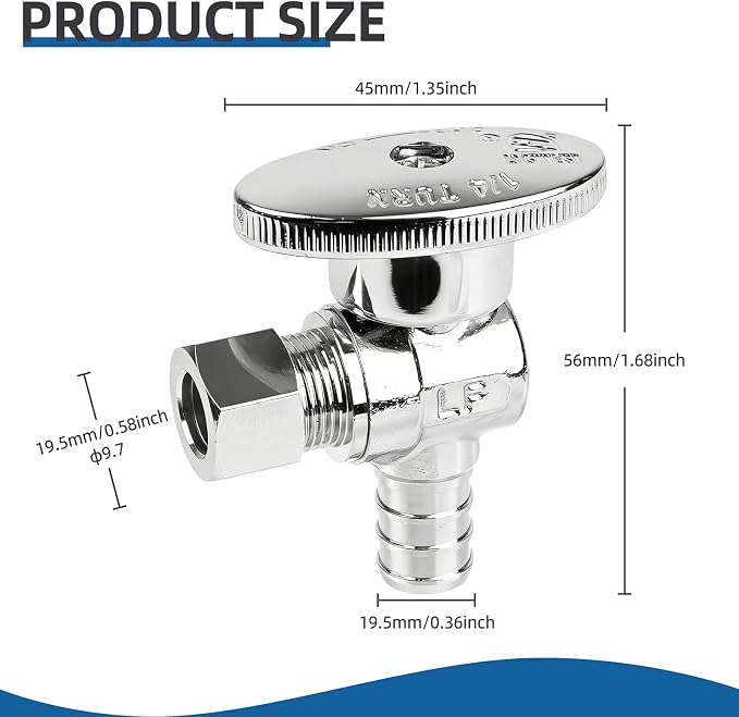 Angle Stop Valve 1/2" PEX x 3/8" OD Comp, 1/4 Turn Shut Off Valve, Chrome - Image 2