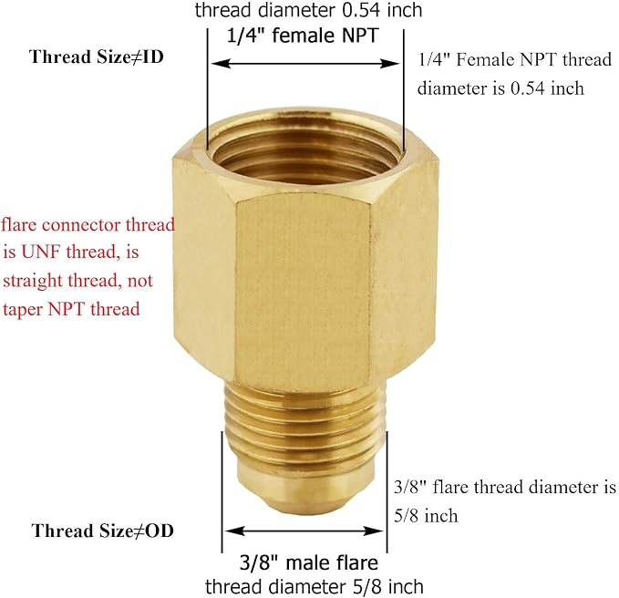 Brass Flare Tube Fitting Coupling Gas Adapter 3/8" Male x 1/4" NPT Female - Image 2