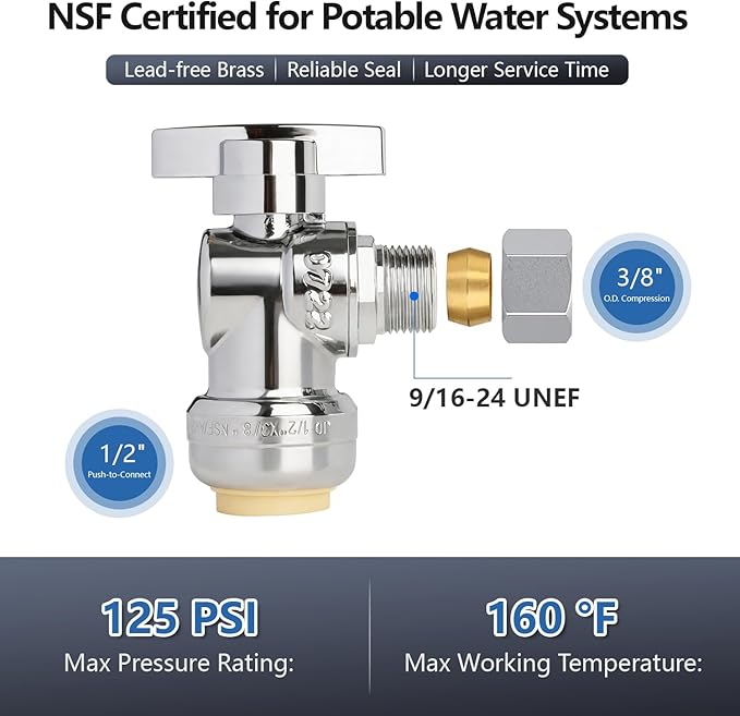 WiseWater Push to Connect Angle Stop Valve 1/2" Push x 3/8" Compression | - Image 2