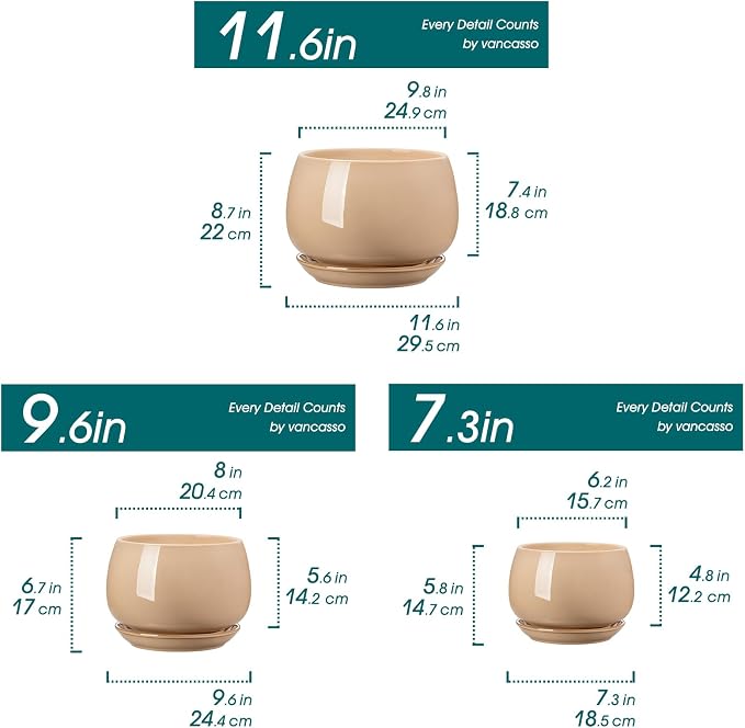 vancasso 3-Pack Ceramic Plant Pots, 7.3/9.6/11.6 Inch Indoor Planters - Image 2