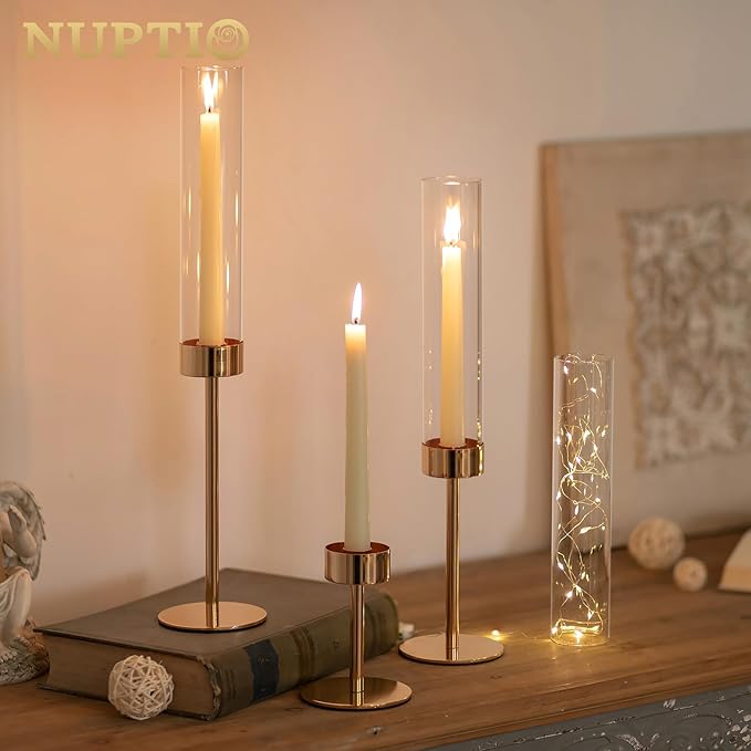 NUPTIO Hurricane Candle Holder for Candlestick: 6 Pcs Gold Taper Candlestick - Image 3