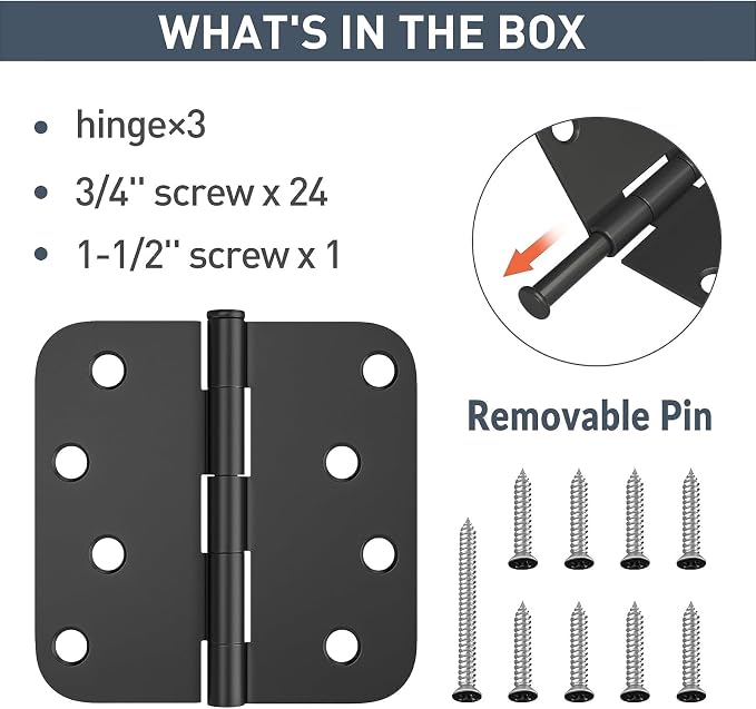 HOSOM 3 Pack Heavy Duty Door Hinges, Matte Black Door Hinges 4 Inch x 4 Inch - Image 3