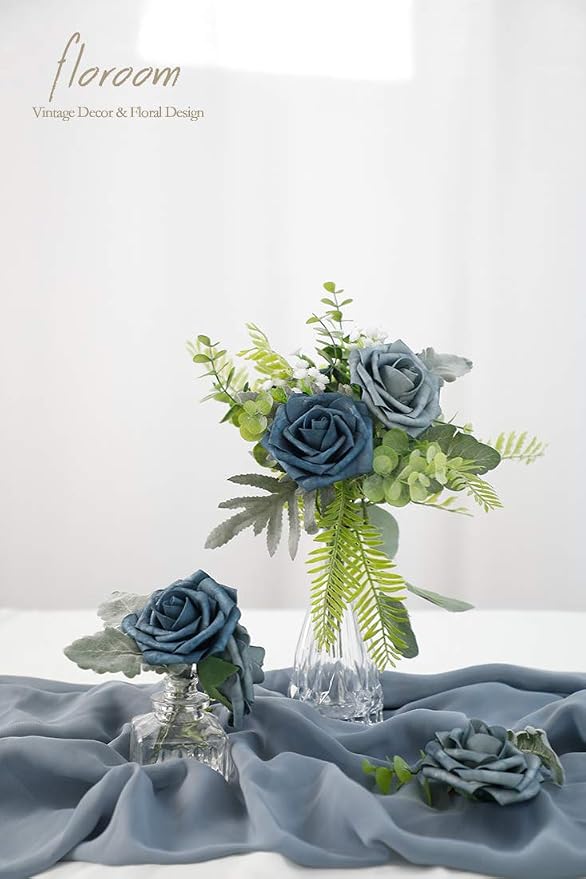 Artificial Flowers 25pcs Real Looking Dusty Blue Foam Fake Roses - Image 4