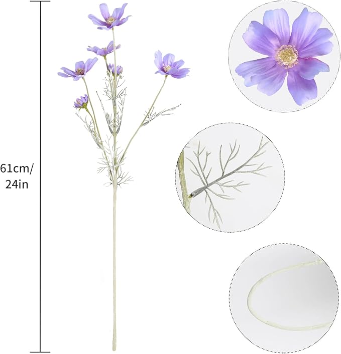6PCS Daisy Flowers Artificial 24'' Purple Silk Flowers Fake Wildflowers Cosmos - Image 3