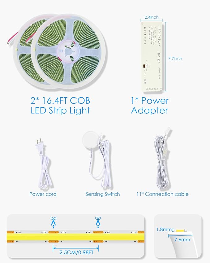 32.8FT Under Cabinet Light Strip Dimmable 11-in-1 COB LED Strip Cold White | - Image 7