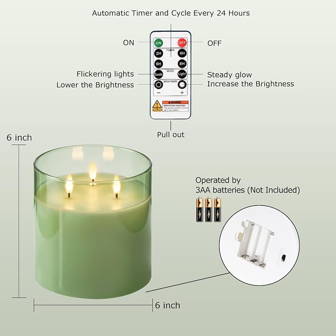 Homemory Sage Green Large Glass Flameless LED Candle, 3 Wicks, Remote Timer | - Image 7