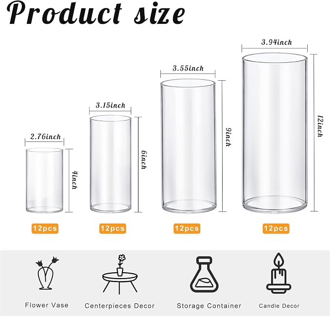 64 Pack Thick Glass Cylinder Vases 4, 12 Inch Tall Clear Flower Vase Hurricane - Image 2
