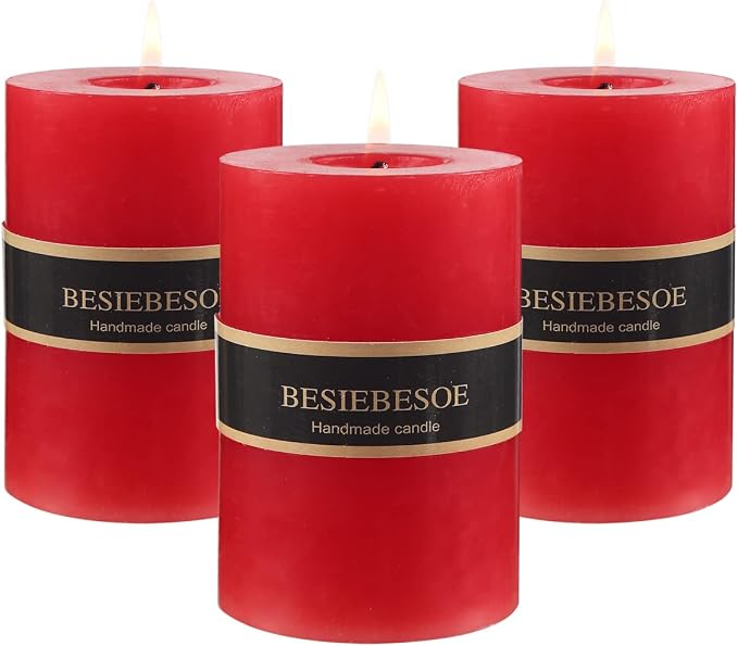 3 x 4 Red Pillar Candles Set of 3 Unscented Handpoured Weddings, Home Decoration - Image 2