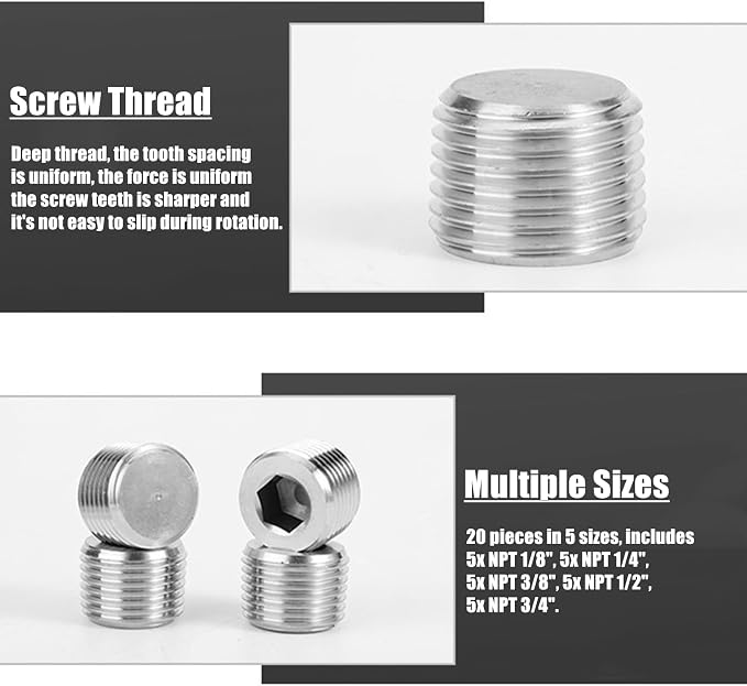 20 Pcs Stainless Steel Pipe Plug Fitting Assortment Kit, 5 Sizes 1/8" 1/4" 3/8" - Image 4