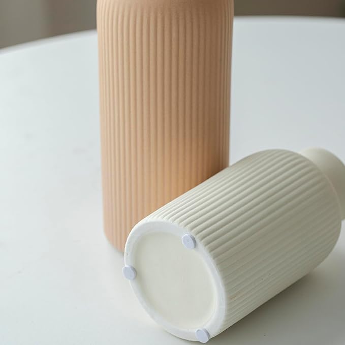 Modern Ceramic Vase Set, Earth Tone Natural Color Ribbed Matte Design, 3-Piece - Image 5