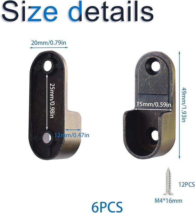 INCREWAY 6PCS Oval Closet Rod Supports, Bronze Colour Wardrobe Bracket Zinc - Image 2