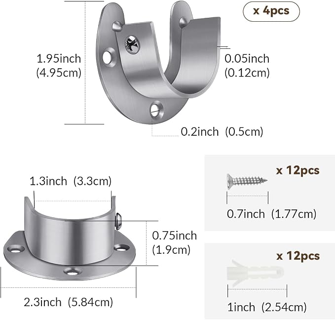 4 Packs Stainless Steel Wardrobe Bracket U-Shaped Rod Socket Flange | 1-1/4 - Image 2