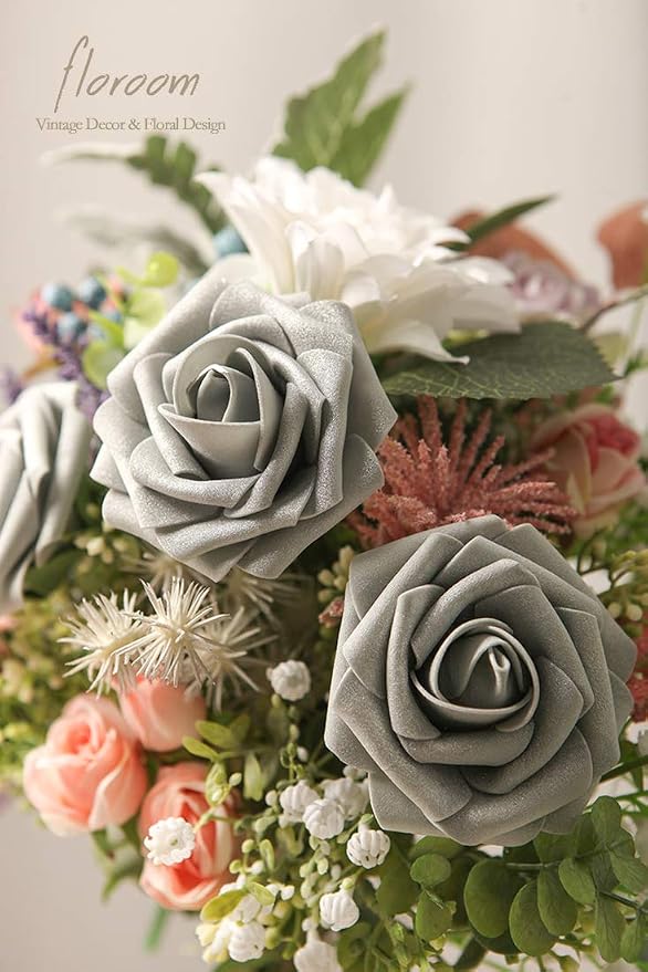 Artificial Flowers 50pcs Real Looking Shimmer Silver Grey Foam Fake Roses - Image 2
