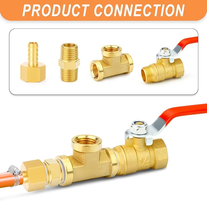 GASHER 6PCS 1/2 Inch NPT Brass Pipe Fitting, Ball Valve, Barstock Tee Brass - Image 5