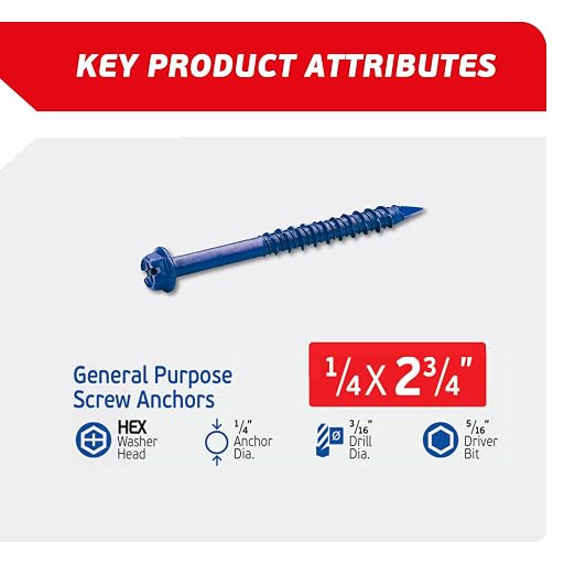 1/4 x 2-3/4" Hex Head Blue Concrete Screw Anchors - Image 2