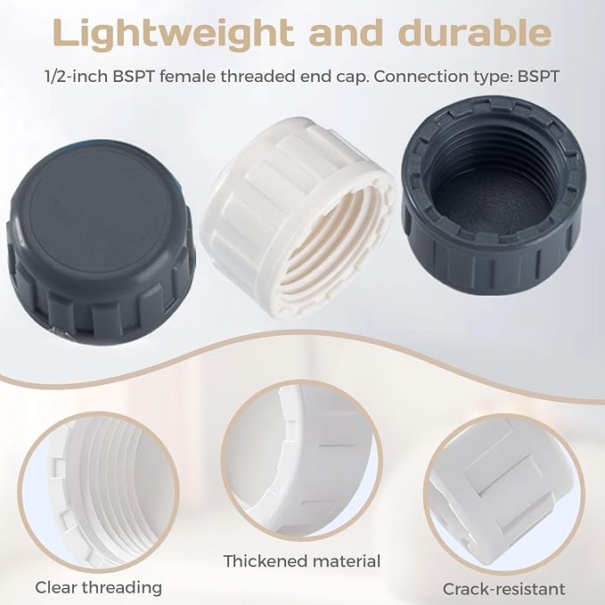 1/2" BSPT PVC Sprinkler Cap 12 Pack, Female Thread Pipe Plug Adapter - Image 3