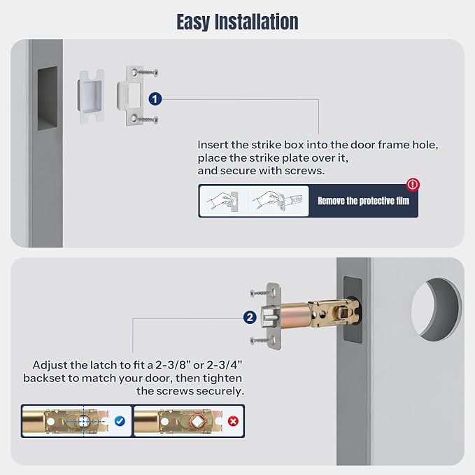 Adjustable Deadlatch 2-3/8'' or 2-3/4'', Keyed Entry Door Lock 45° Turning - Image 3