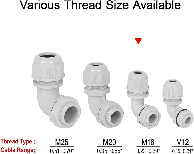 M16 Cable Gland, 90 Degree Adjustable 6-10mm Strain Relief, Cord Connectors - Image 6