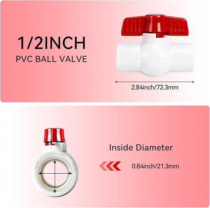 YADIAN 5 Pack 1/2'' PVC Ball Valves, T-handle Water Shut-Off Ball Valve Threaded - Image 5