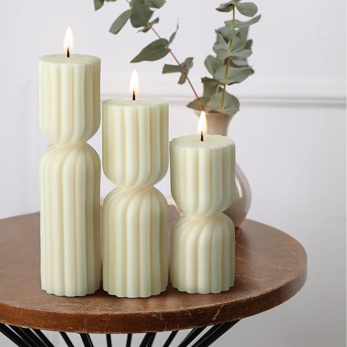 Conelist Ribbed Pillar Candles Set of 3 Width 2.4" High 5.5" 7" 9" Handmade - Image 6