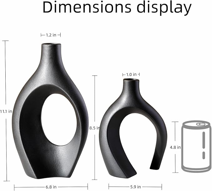XL Black Ceramic Vase Set of 2 for Modern Home Decor, Neutral Boho Round Donut - Image 5