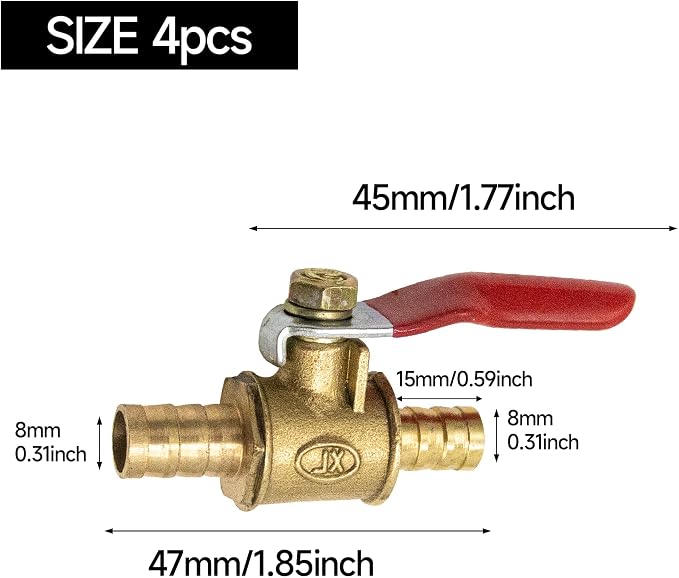 4-Pack 5/16 Inch Brass Ball Valve, 8mm Hose Barb - Image 2