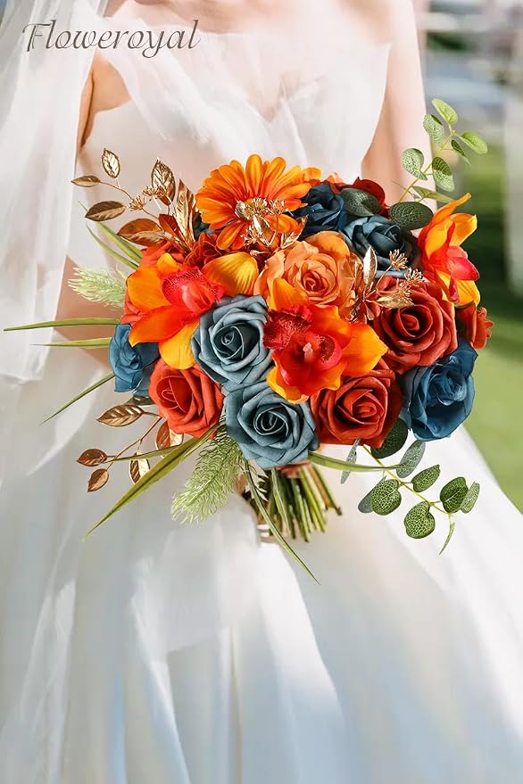 Artificial Flowers Combo Orange Flowers Mix Silk Flowers Fake Roses - Image 6