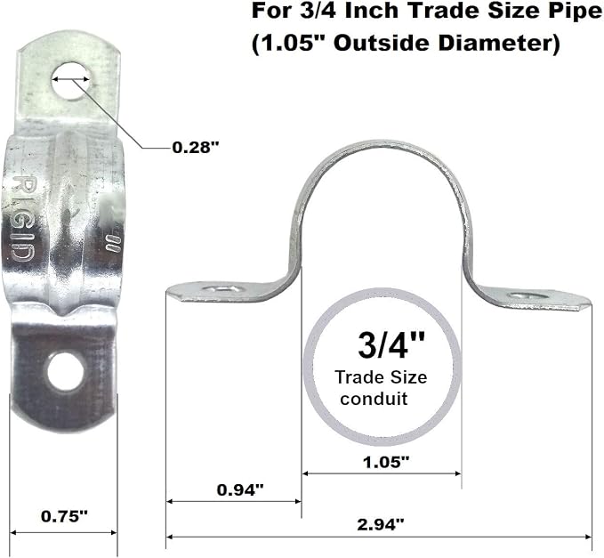 Rigid Pipe Strap Clamp Hanger, 2 Holes, Galvanized or PVC Pipes, IMC Conduit - Image 2