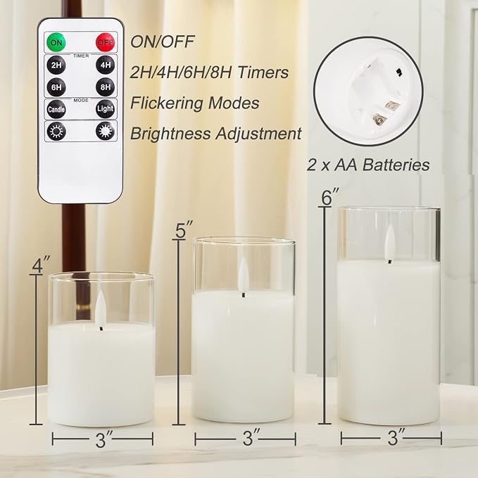 Homemory Pure White Glass Flameless Candles, Real Wax, Remote Timer, 3 Pack | - Image 8