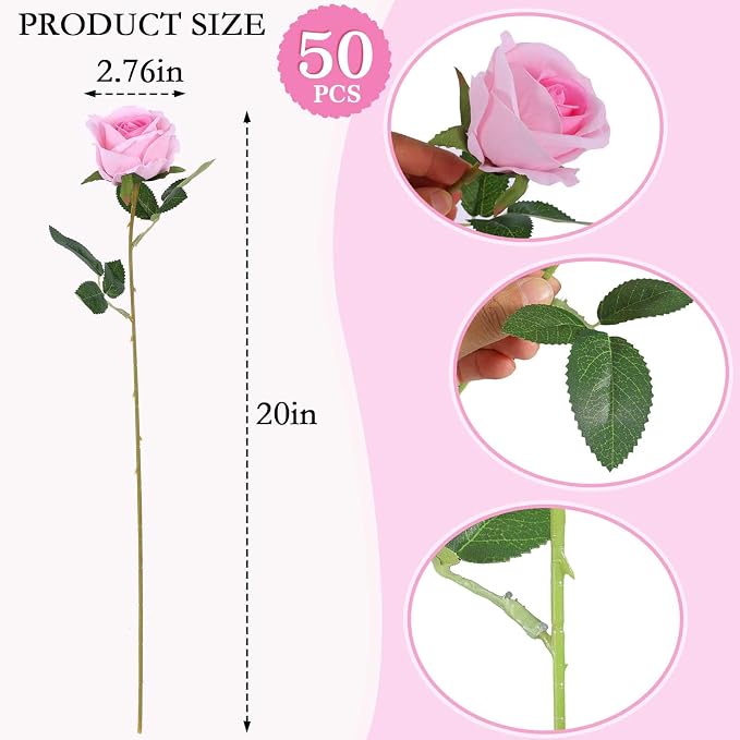 Hananona 50 Artificial Roses in Bulk, Fake Silk Pink Roses Realistic Roses - Image 2